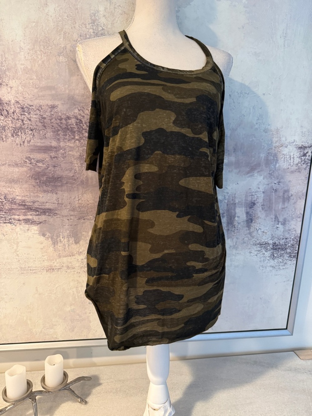 Lucky Brand Camo Cold-Shoulder Tunic Top - Olive & Black size XL